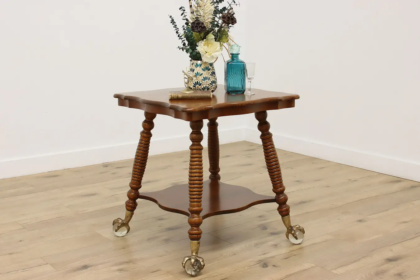 Main image of Victorian Antique Carved Oak Lamp Table, Giant Glass Feet