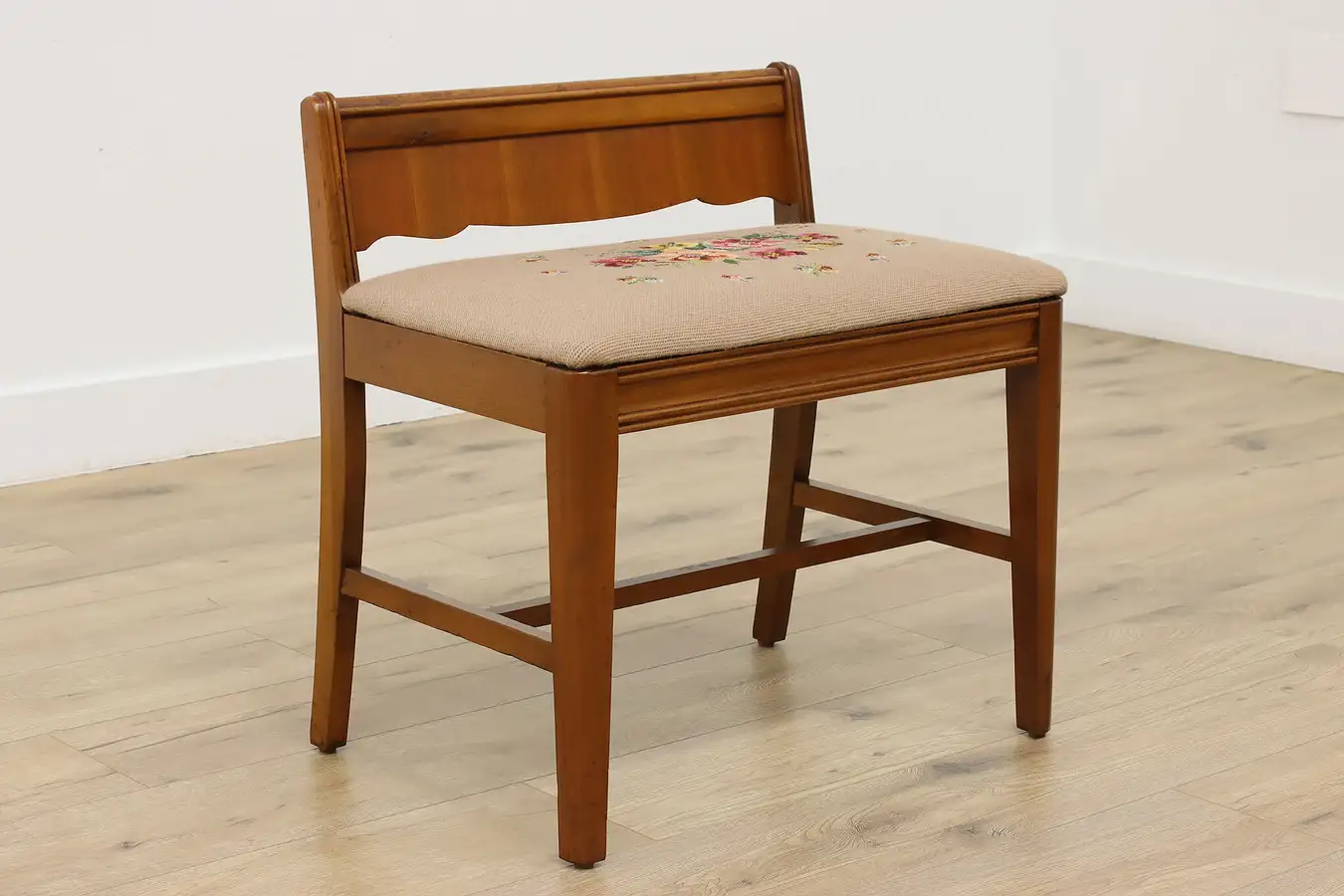 Main image of Floral Needlepoint Vintage Walnut Vanity Stool or Bench
