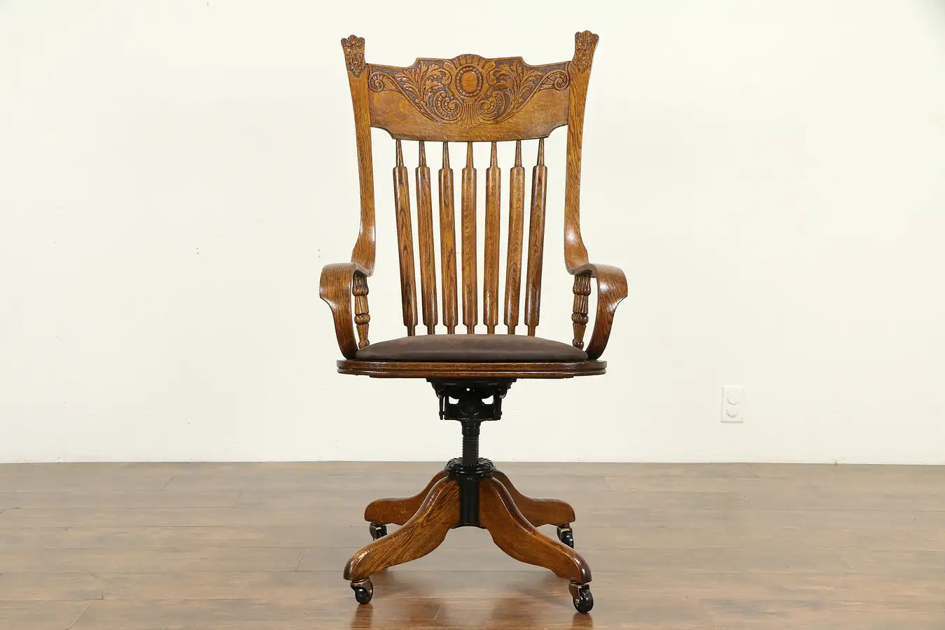 Main image of Victorian Antique Carved Oak Swivel Adjustable Desk Chair, Leather