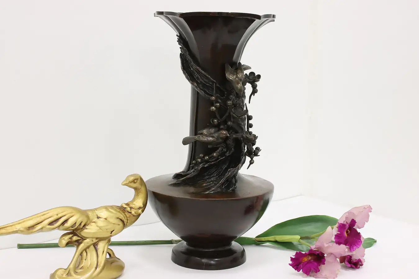 Main image of Japanese Antique Bronze Flower Decorative Vase Birds, Signed