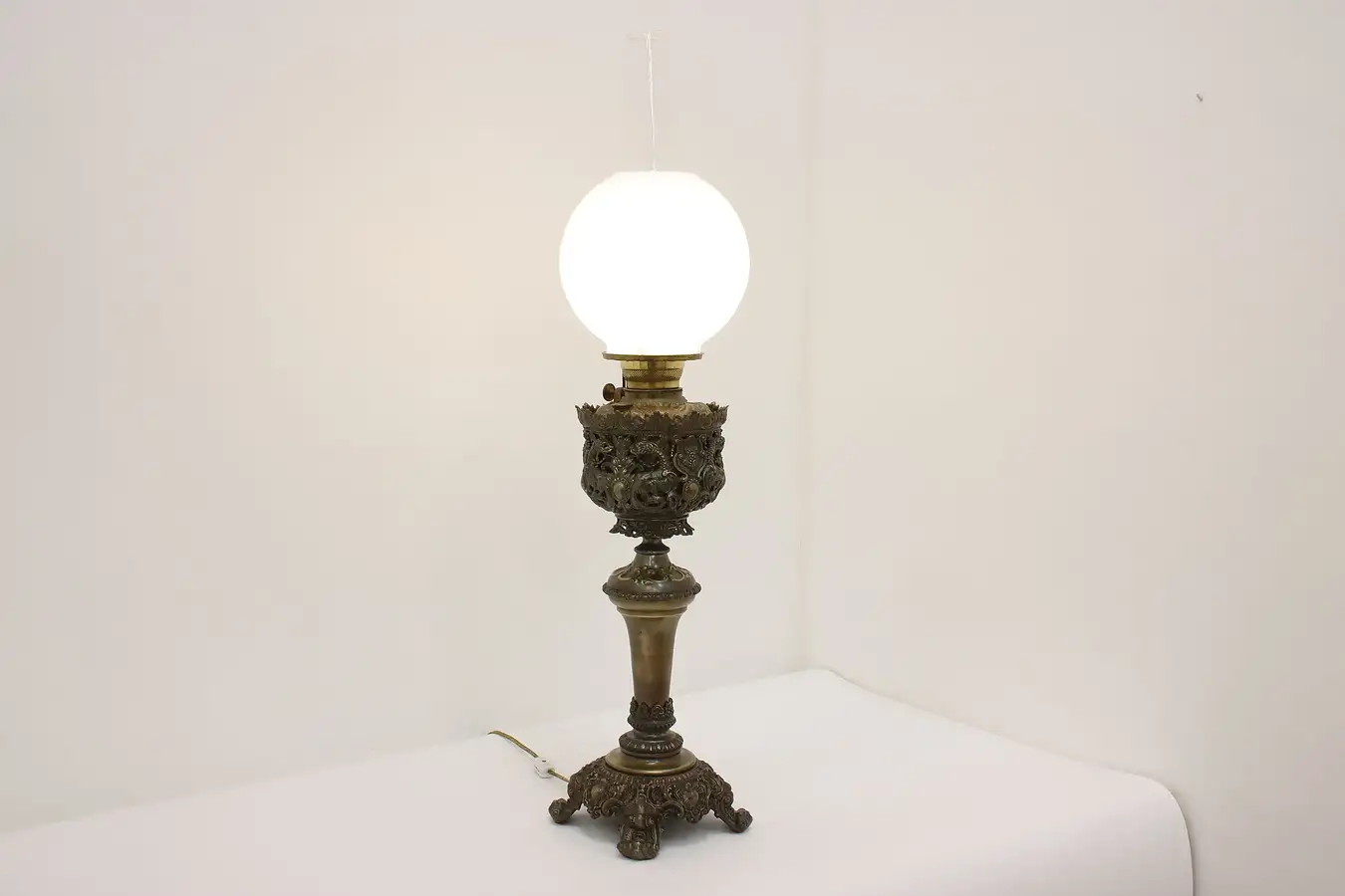 Main image of Victorian Antique Brass Table Lamp, Blue Shade, Dragons