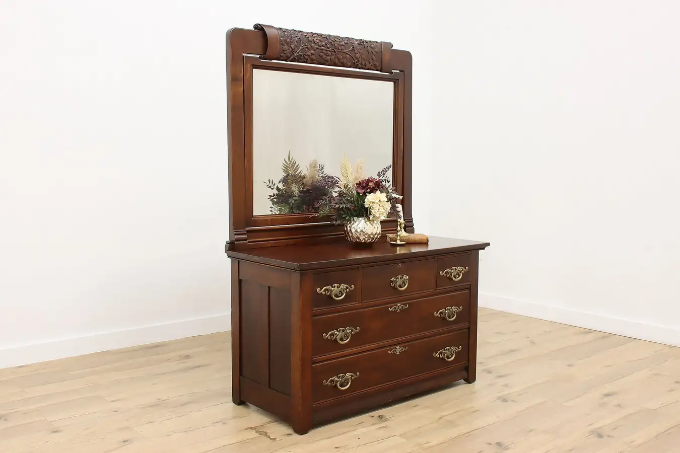 Main image of Victorian Antique Carved Mahogany Dresser or Chest w/ Mirror