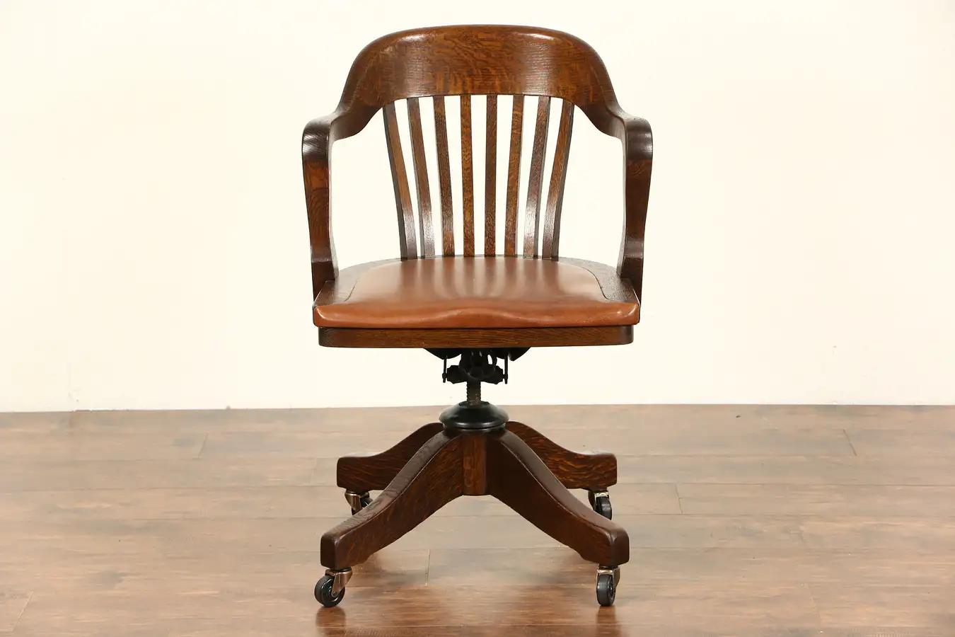 Main image of Oak Swivel Adjustable Pat 1916 Antique Desk Chair, Leather Seat, Signed Johnson