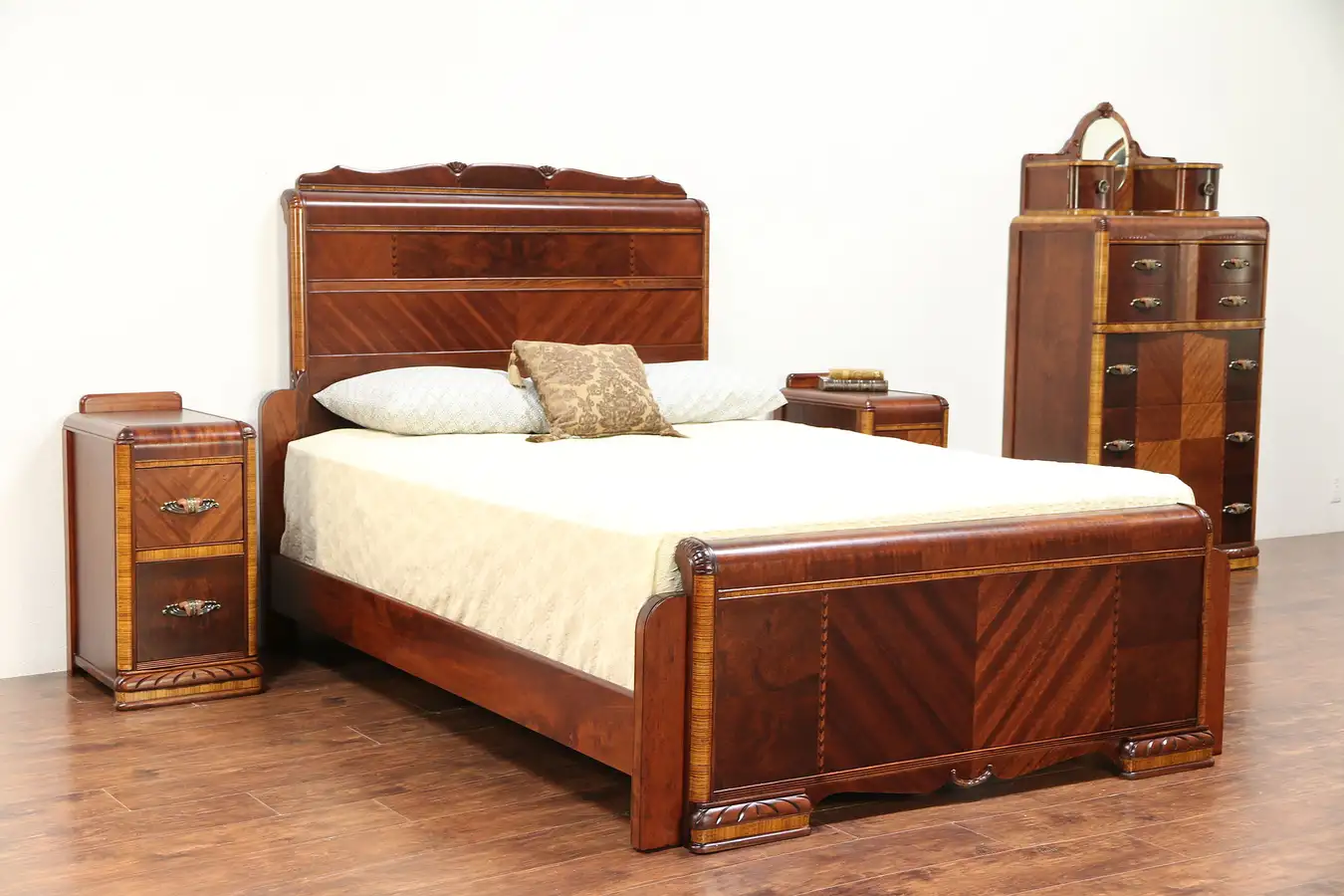 Main image of Art Deco Waterfall Queen Size 4 Pc. Vintage 1930's Bedroom Set, Signed