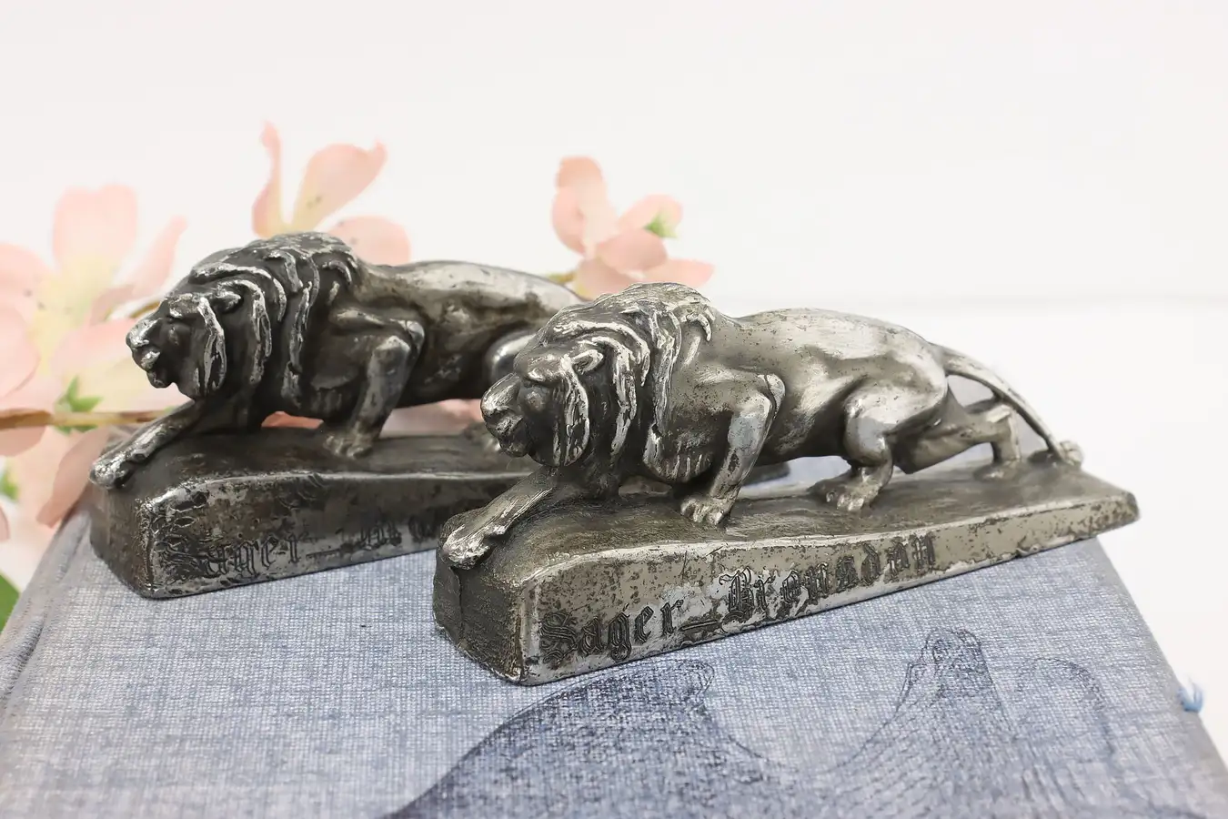 Main image of Pair of Antique Pewter Lion Desk Paperweights, Sager