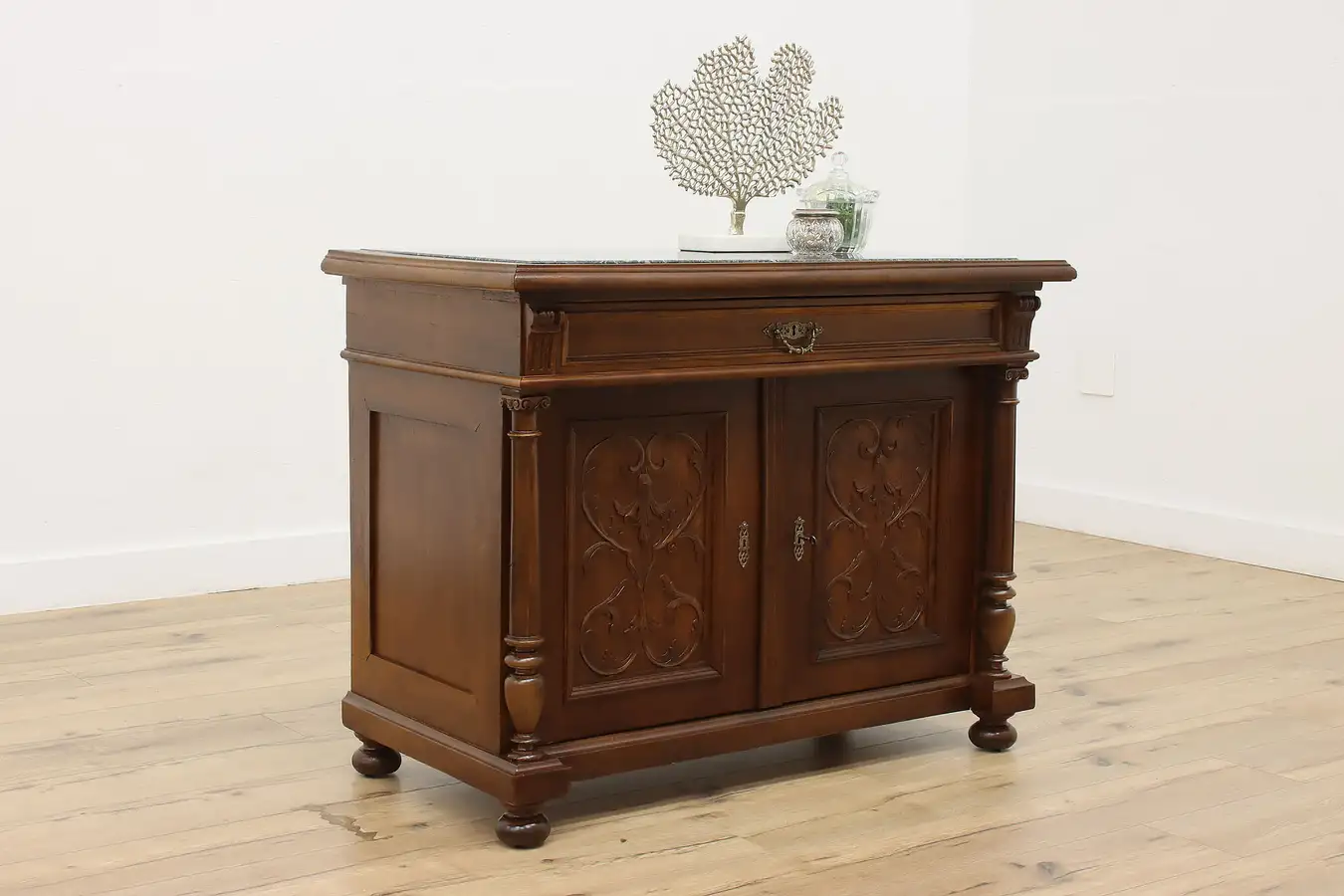 Main image of Walnut Antique Server Sideboard, Hall or TV Console, Marble