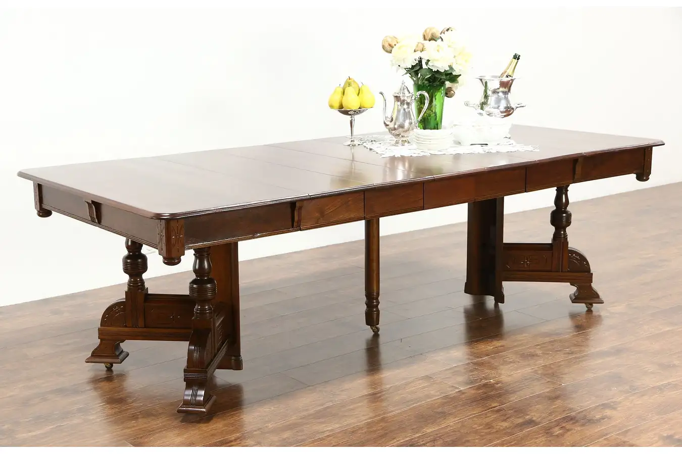 Main image of Victorian Eastlake 1890 Antique Walnut Dining Table, 5 Leaves, Extends 98"