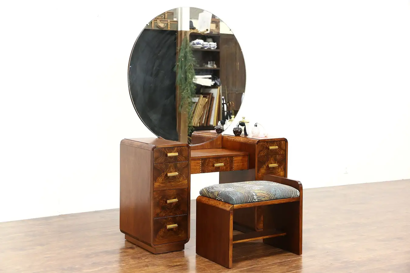 Main image of Art Deco 1940 Vintage Dressing Table or Vanity, Mirror & Bench