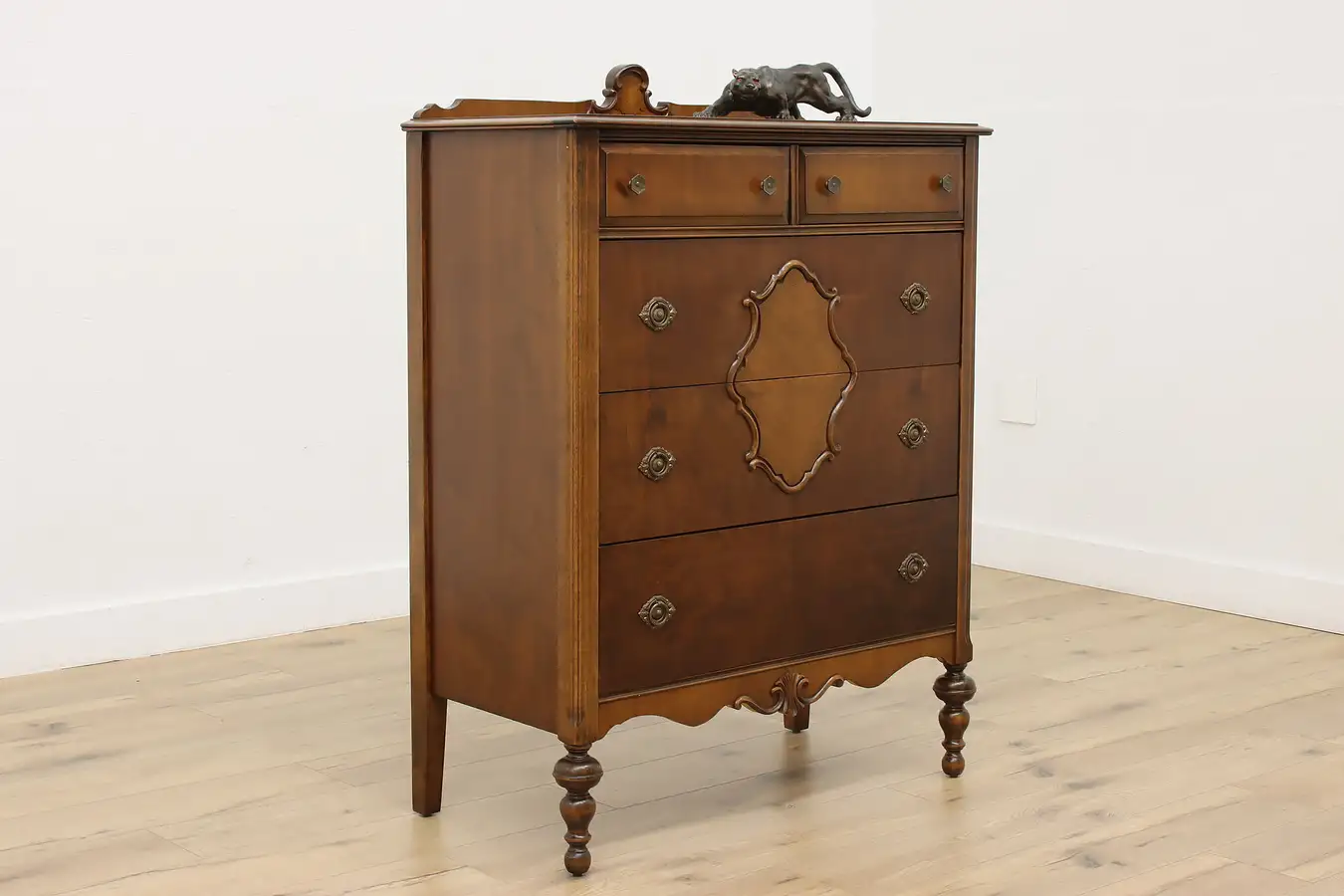 Main image of Tudor Vintage Carved Walnut & Mahogany Tall Dresser or Chest