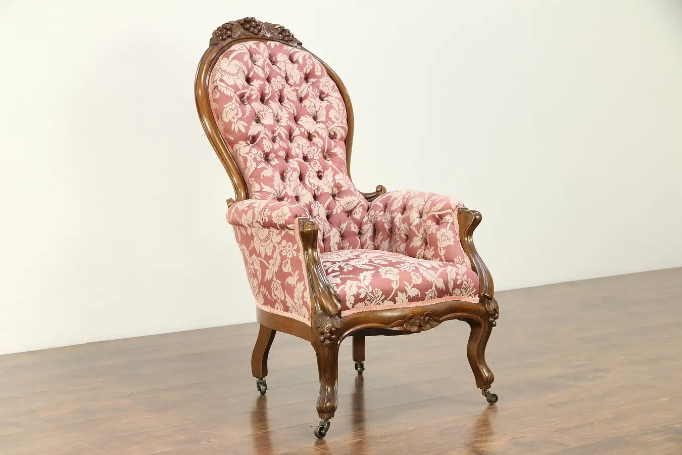 Main image of Victorian Antique 1860 Walnut Tufted Chair, Carved Grapes