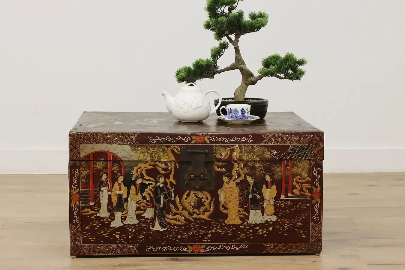 Main image of Chinese Vintage Painted Leather Storage Trunk, Temple Scenes