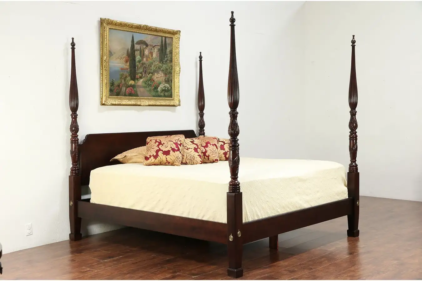 Main image of King Size Vintage Carved Mahogany Poster Bed, Signed Henredon