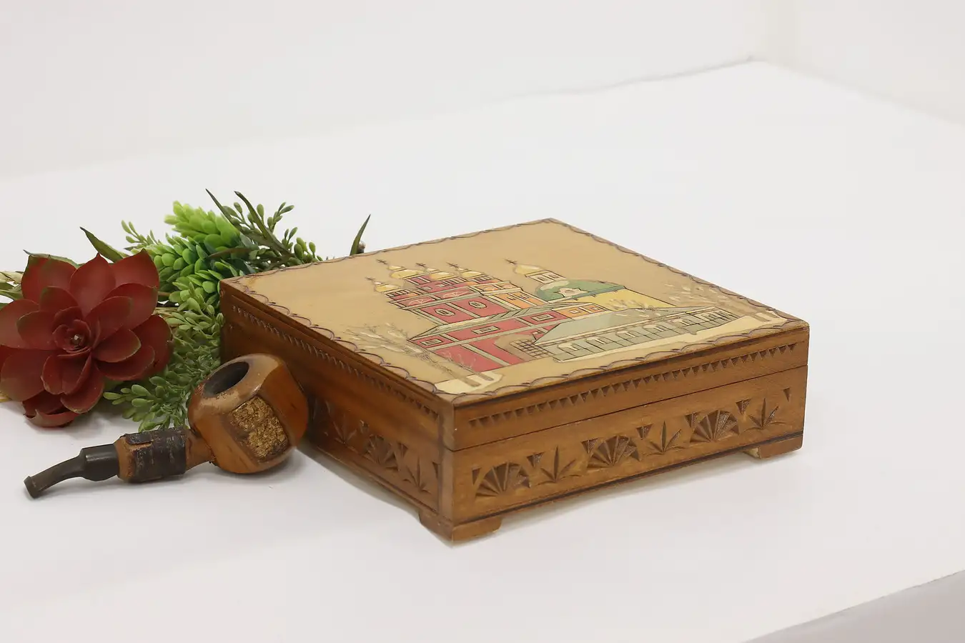 Main image of Russian Vintage Painted Pyrography Jewelry Box, Mosque