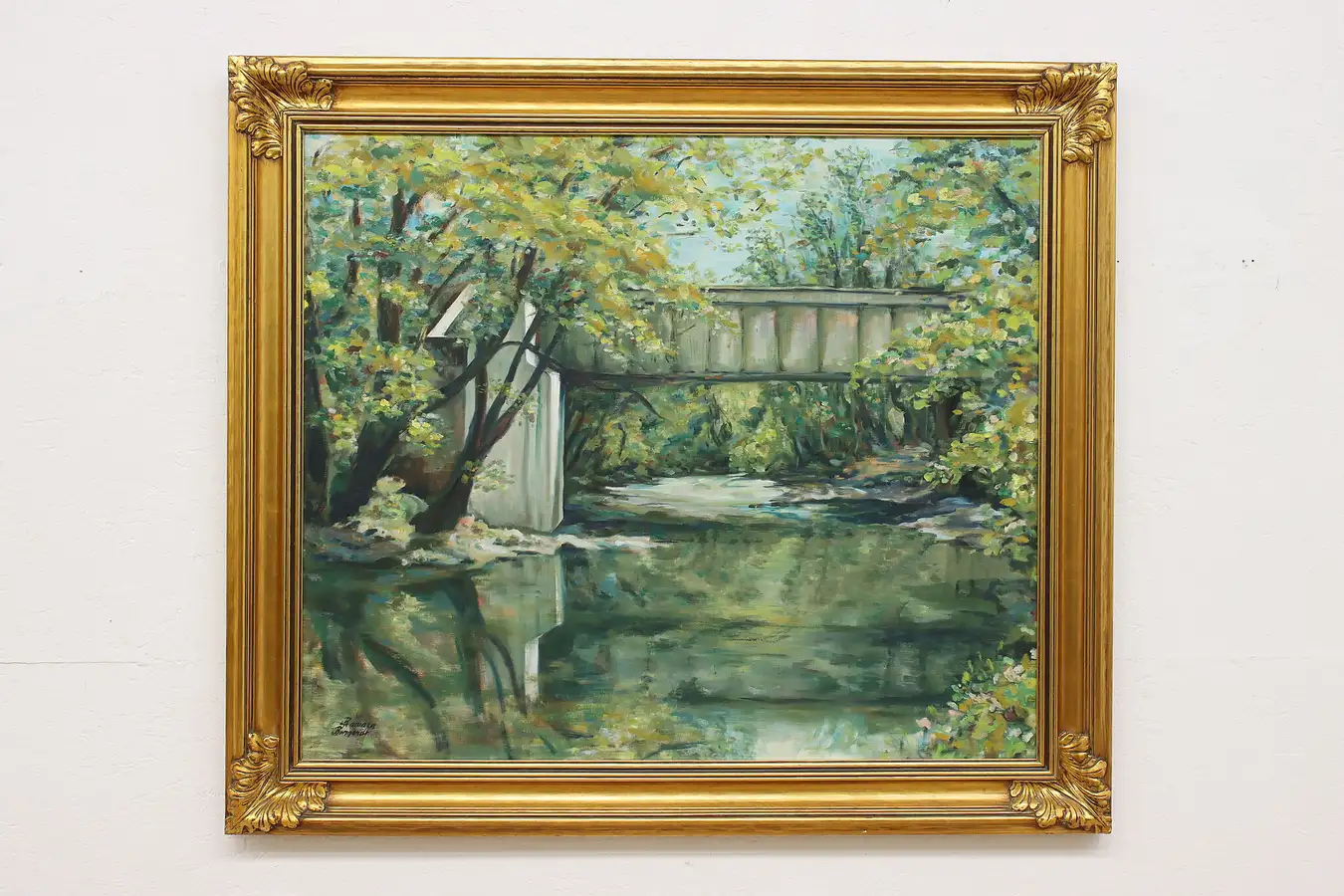 Main image of Countryside Bridge Vintage Original Painting Bernhardt 47.5"