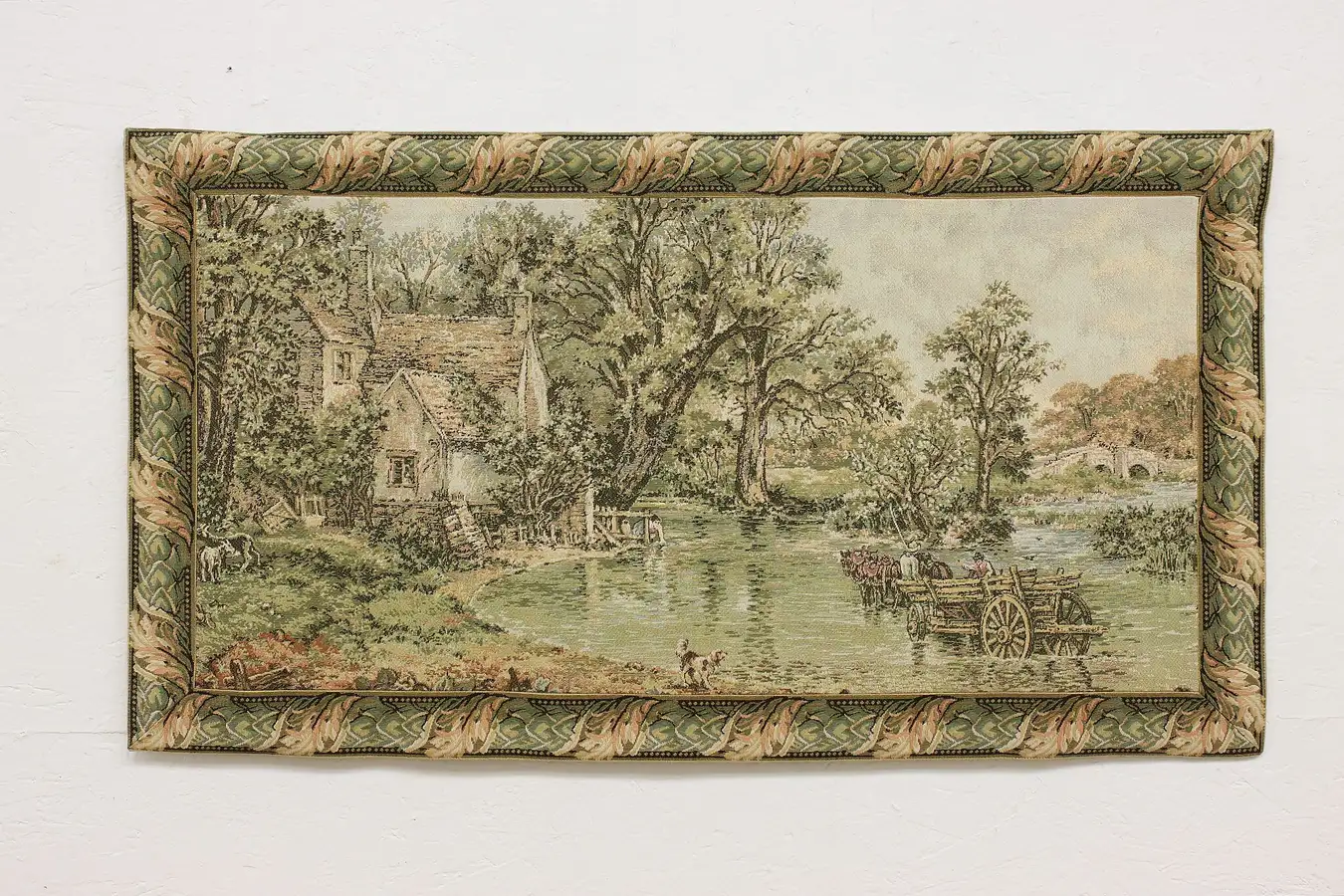 Main image of Woven Vintage Countryside Cottage Scene Wall Tapestry 43"