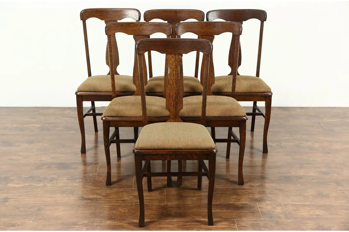Main image of Set of 6 Antique 1900 Quarter Sawn Oak Dining Chairs, New Upholstery