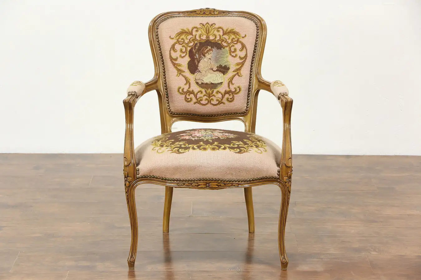 Main image of French Carved Vintage Chair, Needlepoint & Petit Point Upholstery