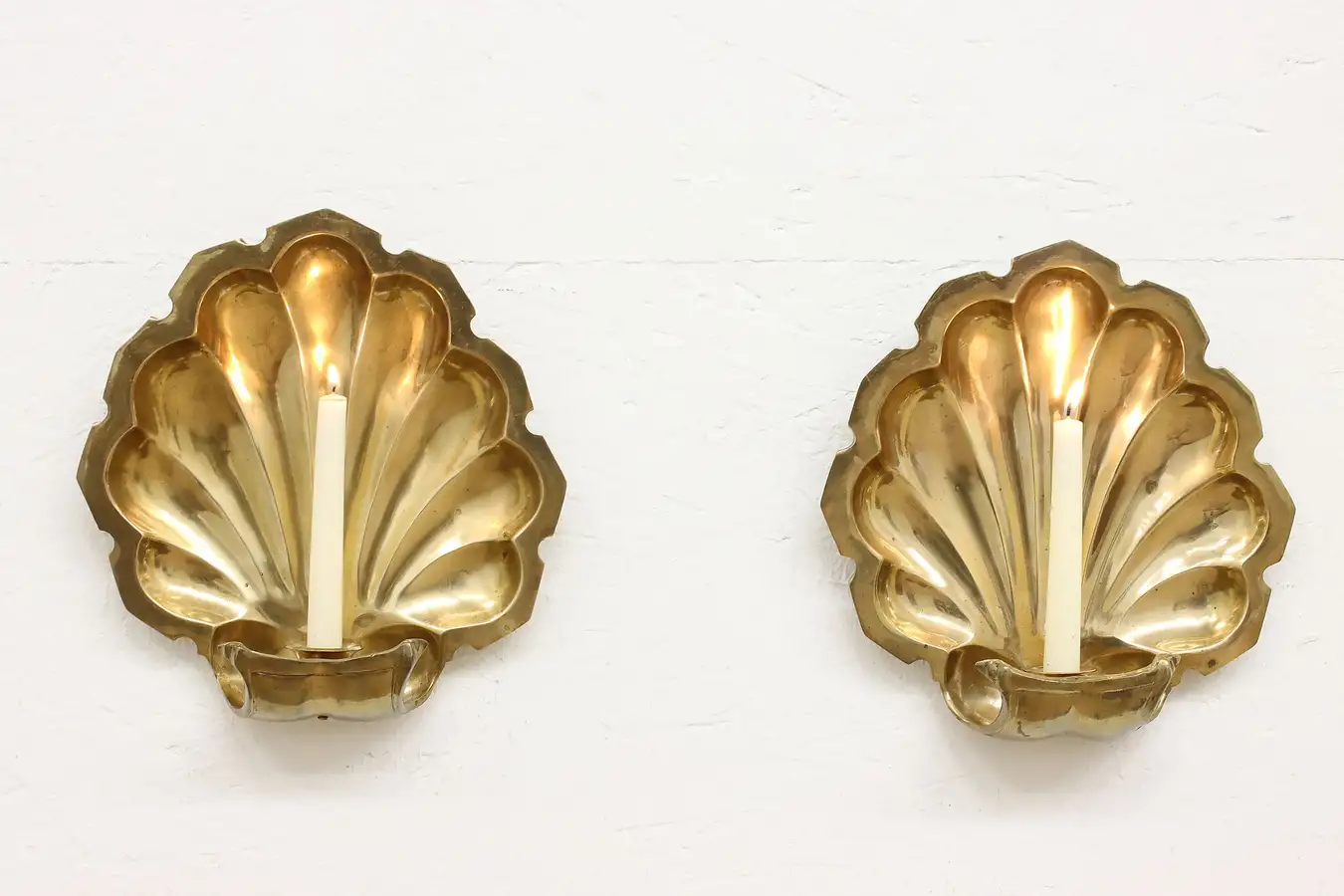 Main image of Pair of Vintage Brass Shell Wall Candle Sconces
