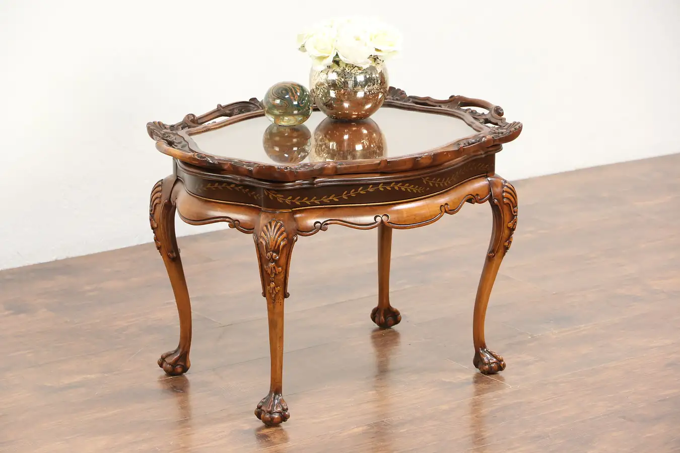 Main image of Carved Fruitwood 1930's Vintage Coffee Table, Glass Tray Top