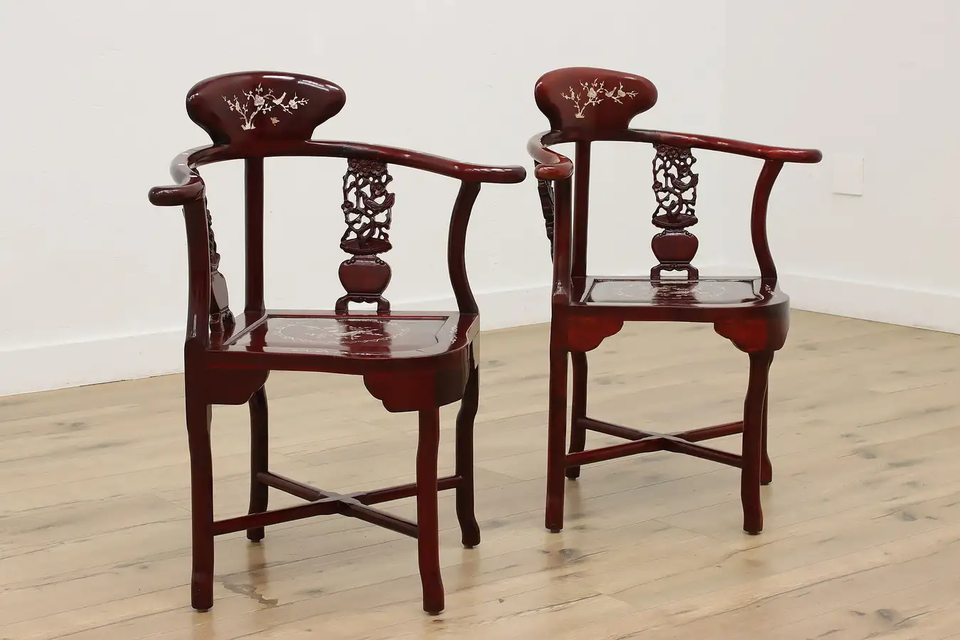 Main image of Pair of Chinese Rosewood & Mother of Pearl Corner Chairs
