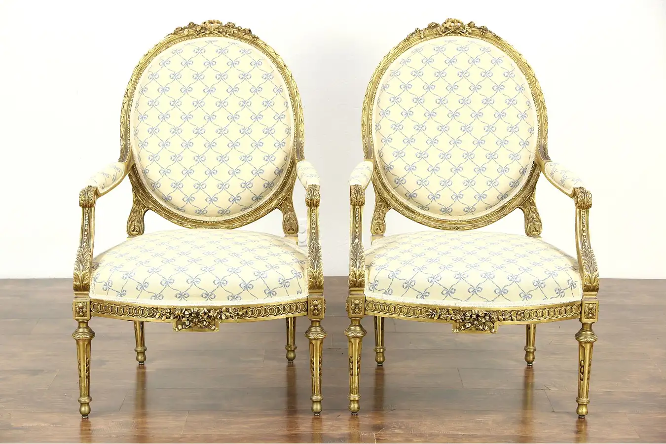 Main image of Pair of Carved Burnished Gold Louis XVI French Style Large Vintage Chairs