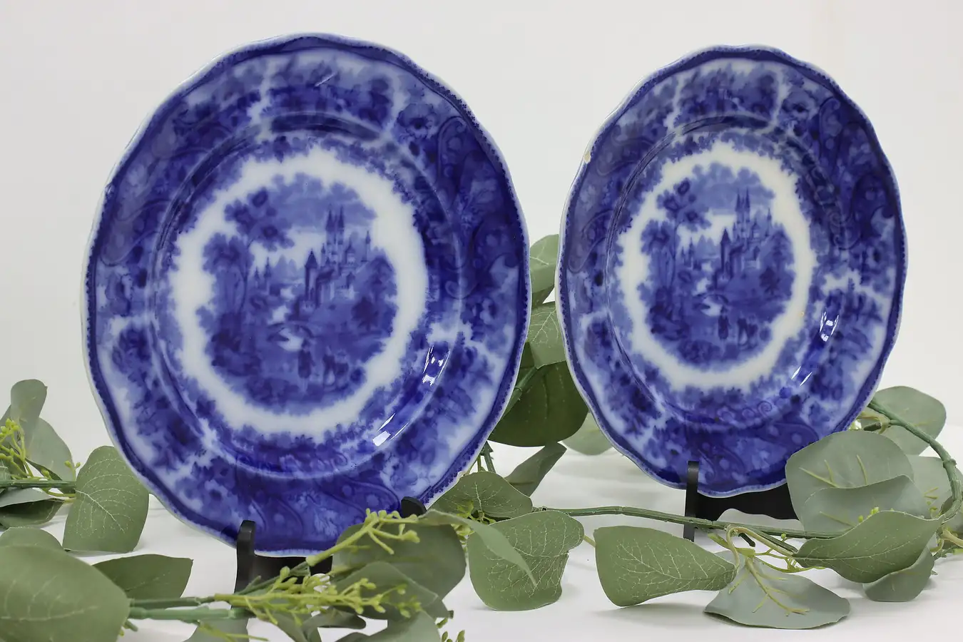 Main image of Pair of Victorian Antique Flow Blue Dinner Plates Castle B&L