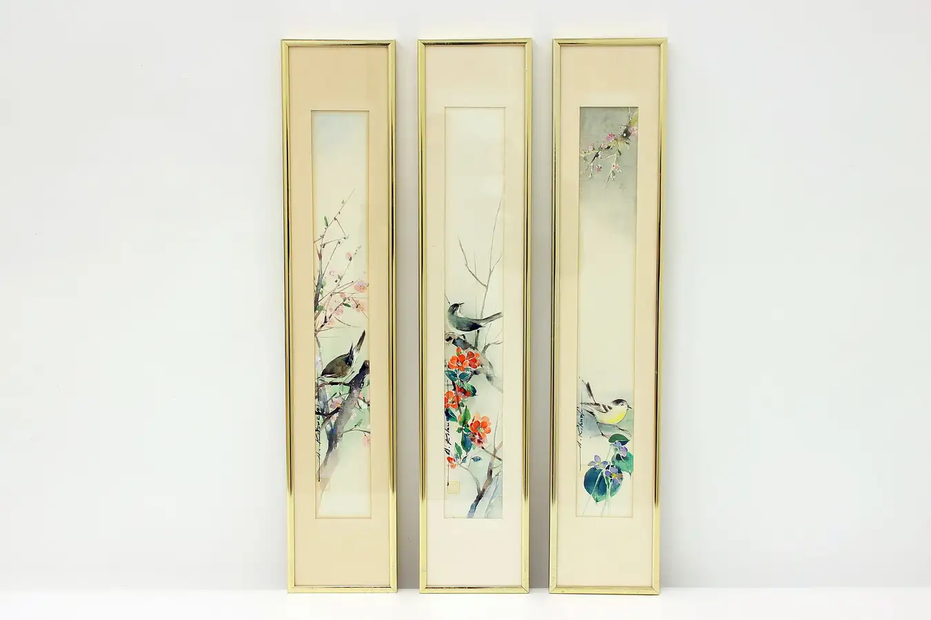 Main image of Set of 3 Asian Vintage Original Bird Watercolor Paintings, Signed 26.5"