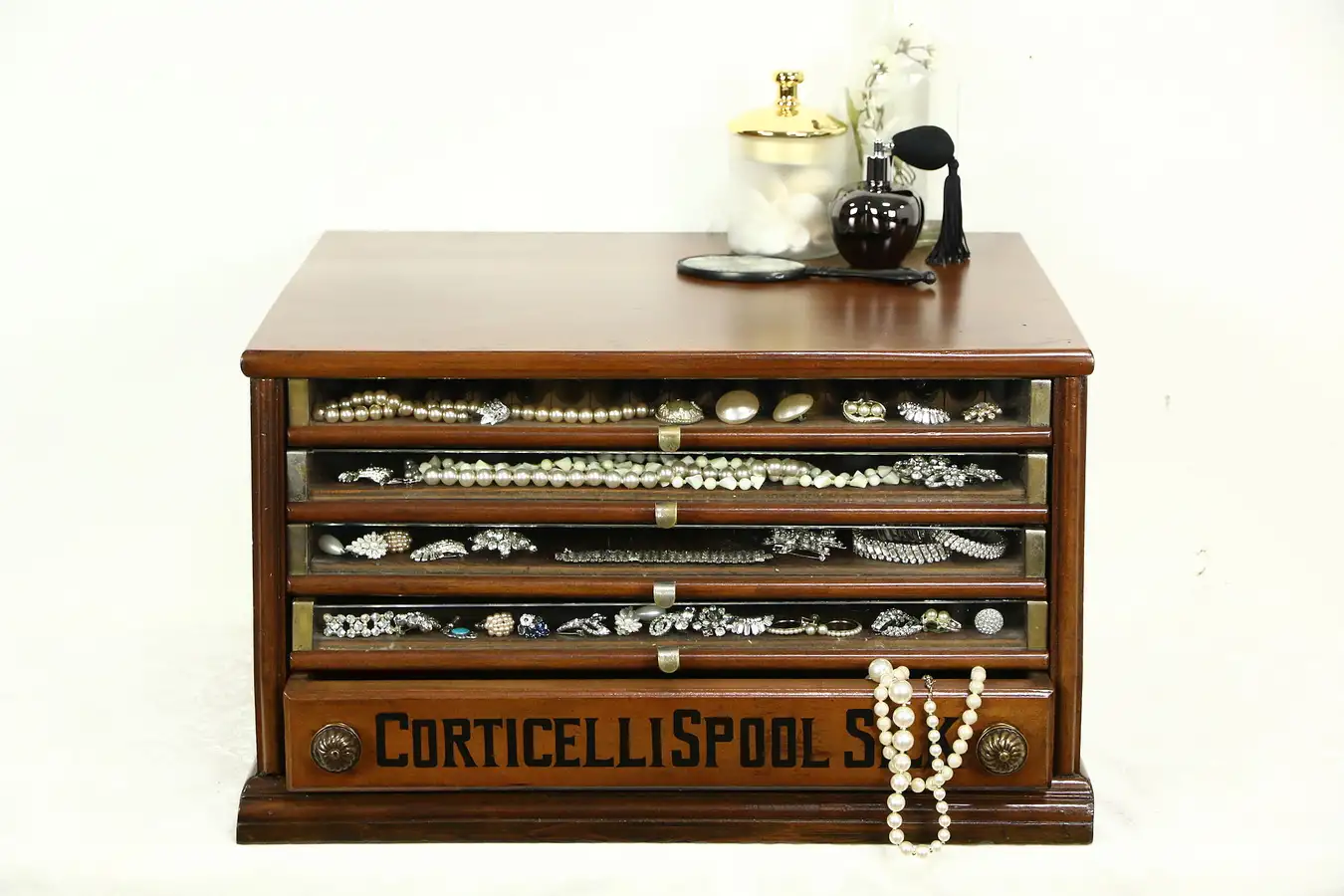 Main image of Corticelli Spool Cabinet, Antique 1900 Walnut Collector or Jewelry Chest