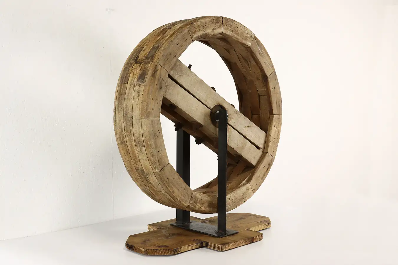 Main image of Farmhouse Industrial Salvage Antique Pine Water Mill Wheel On Stand