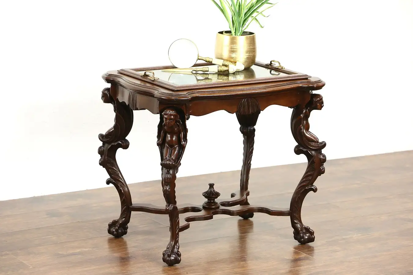 Main image of Angel or Cherub Carved 1920 Antique Walnut Coffee or Chairside Table, Glass Tray