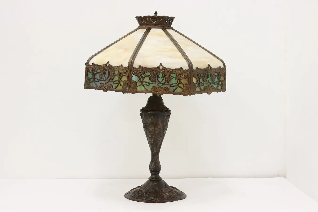 Main image of Art Nouveau Antique Stained Glass Table Lamp Flowers Royal