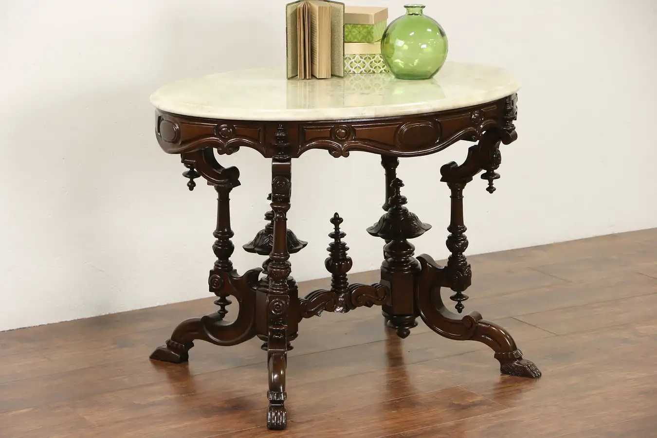 Main image of Victorian 1860's Antique Double Pedestal Lamp or Parlor Table, Marble Top