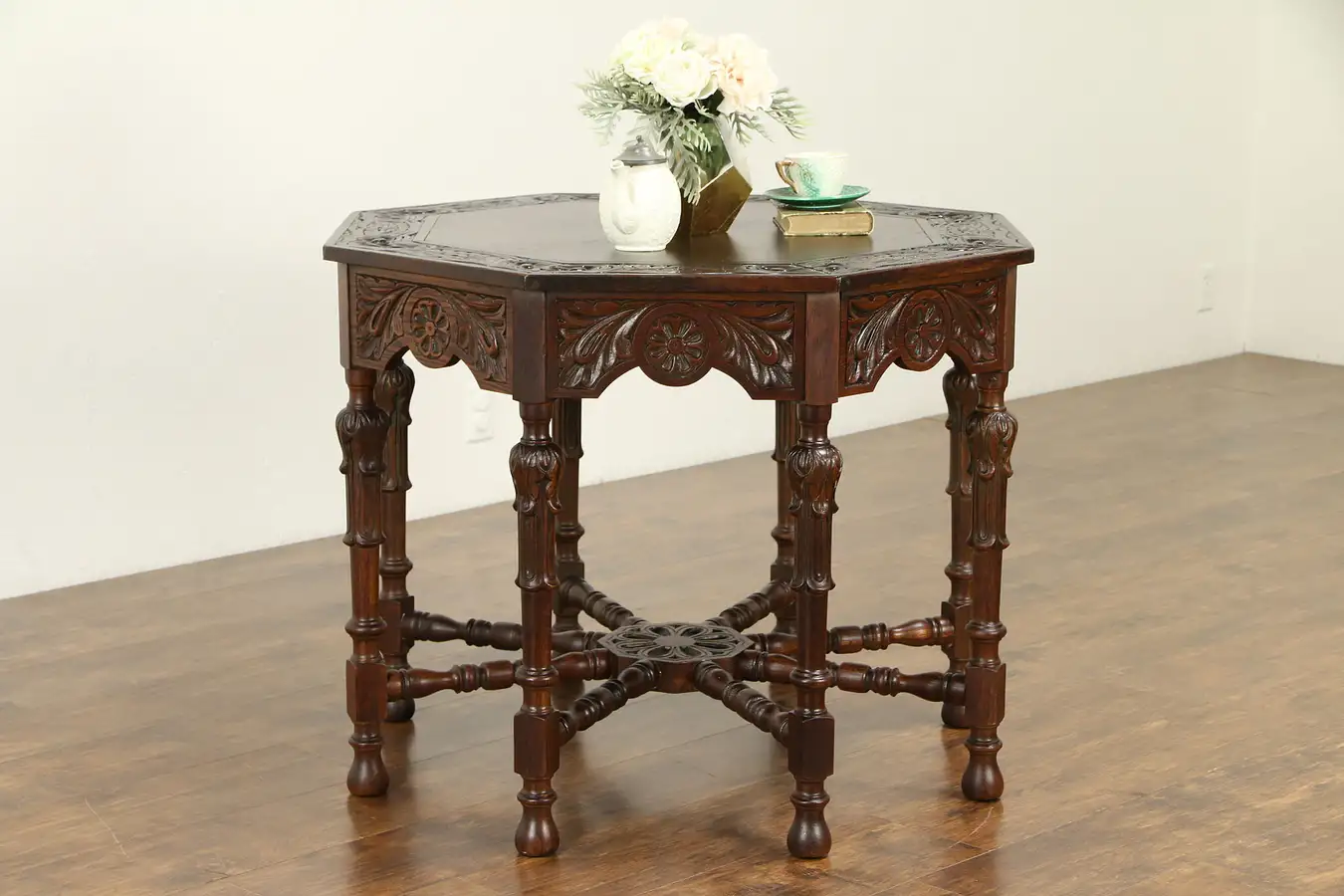 Main image of English Tudor Carved Oak Octagonal Antique Lamp or Hall Center Table