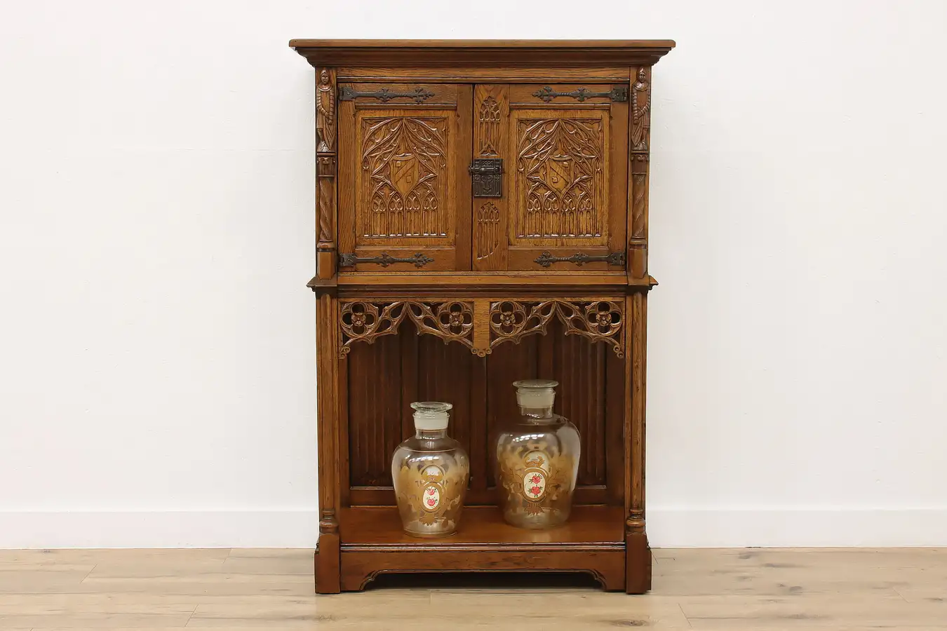 Main image of Gothic Antique Oak Bar, Hall or Bath Cabinet, Carved Knights