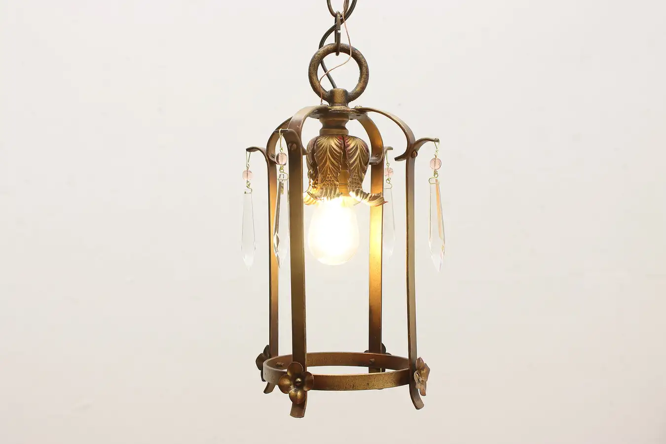 Main image of Hall Antique Gilt Iron Chandelier, Crystal Prisms