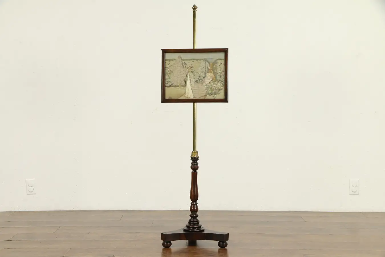 Main image of Rosewood Antique English Fire Screen, Embroidered Silk Scene