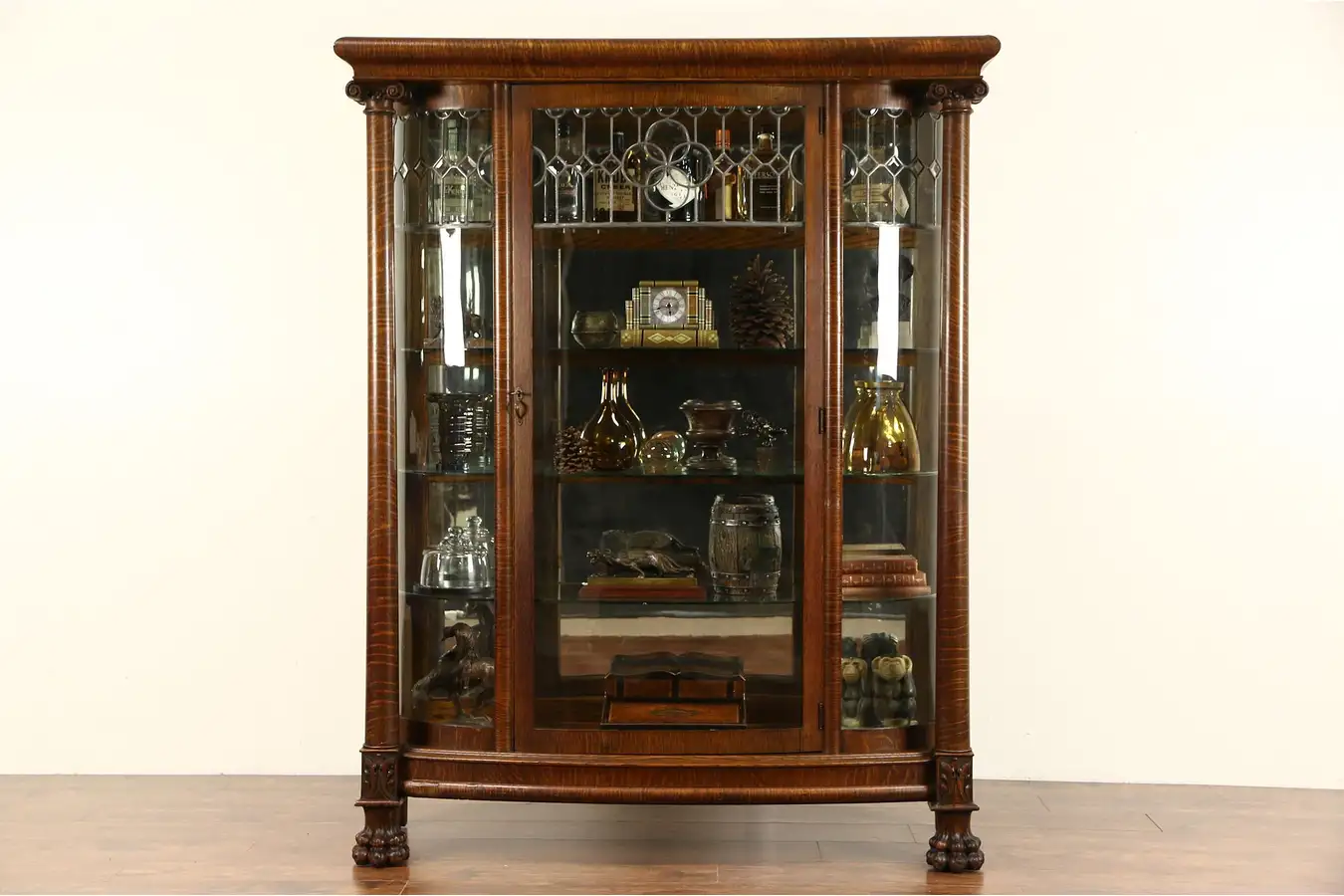 Main image of Curved Glass 1900 Antique Oak China Cabinet, Curio Display, Leaded Beveled Glass