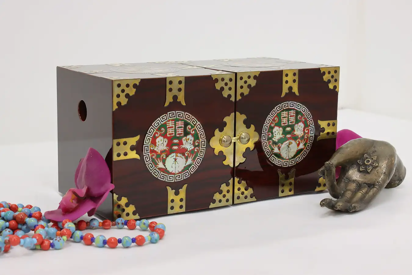 Main image of Asian Vintage Rosewood & Brass Jewelry or Keepsake Box