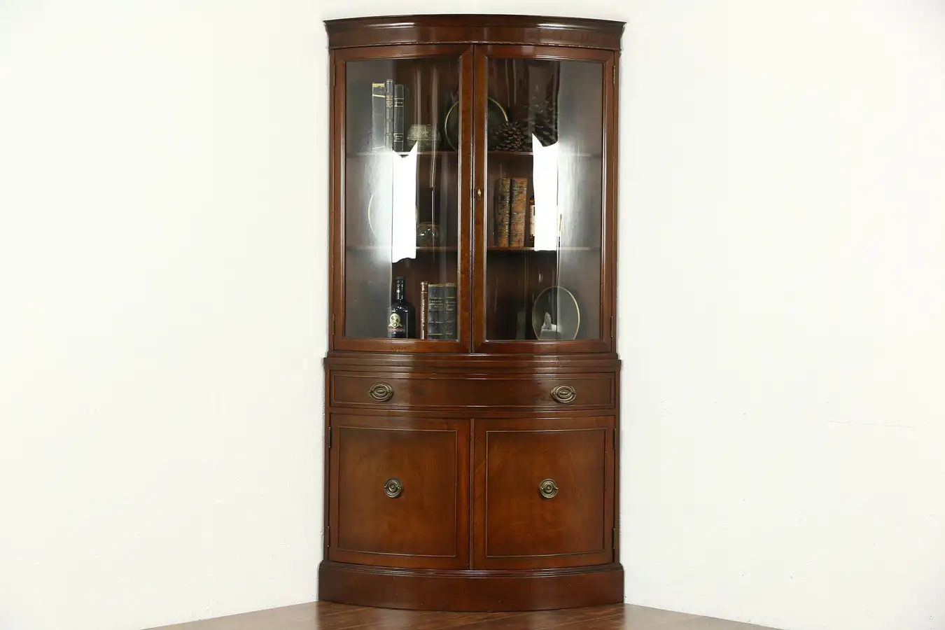 Main image of Corner Cabinet, Curved Glass, Traditional Vintage Cupboard Signed R Way
