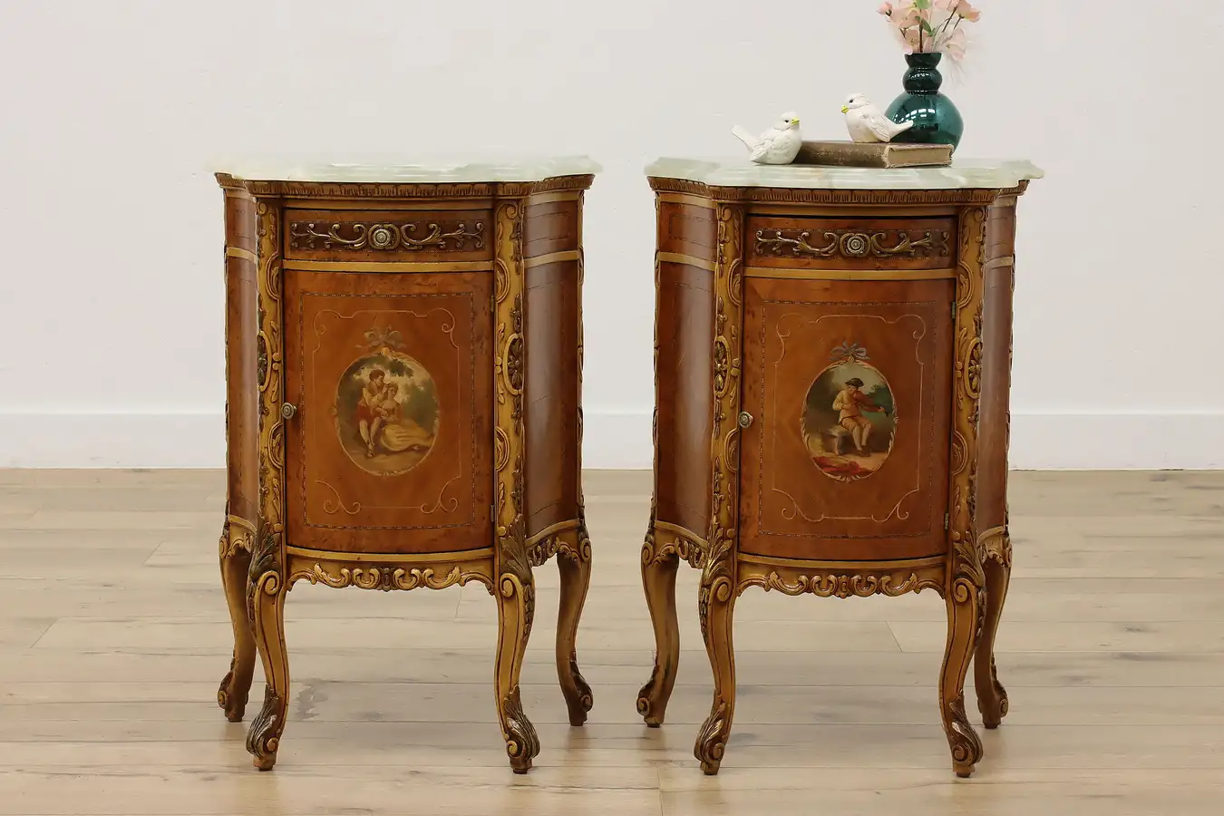 Main image of Pair of French Antique Satinwood Onyx End Tables Nightstands