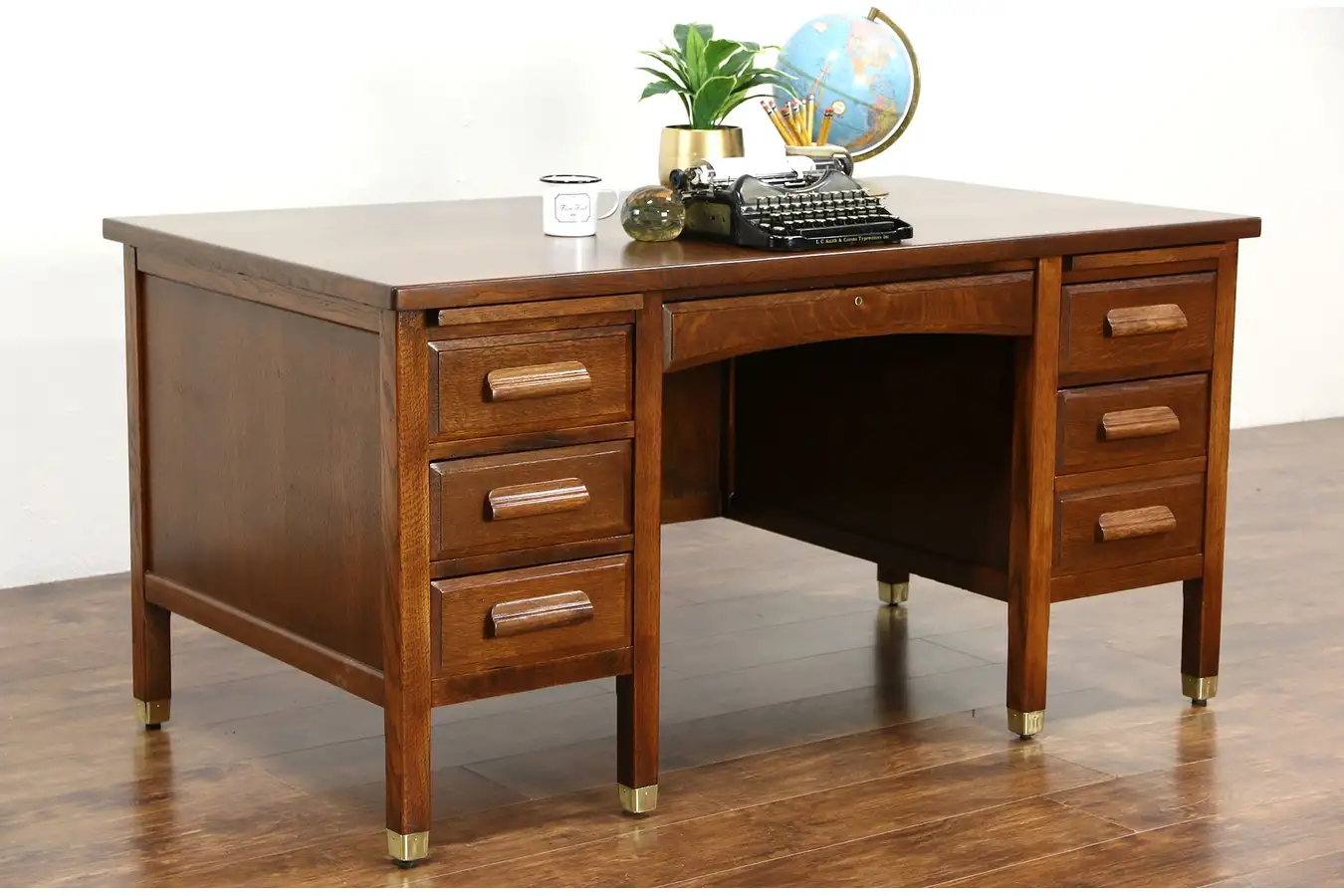 Main image of Oak 1915 Antique Desk, File Drawer, Pull Out Shelves, Brass Feet