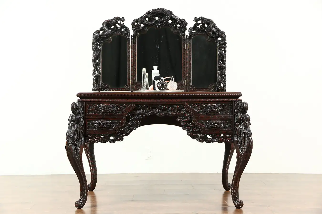 Main image of Japanese Antique Vanity, Desk or Dressing Table, Carved Dragons