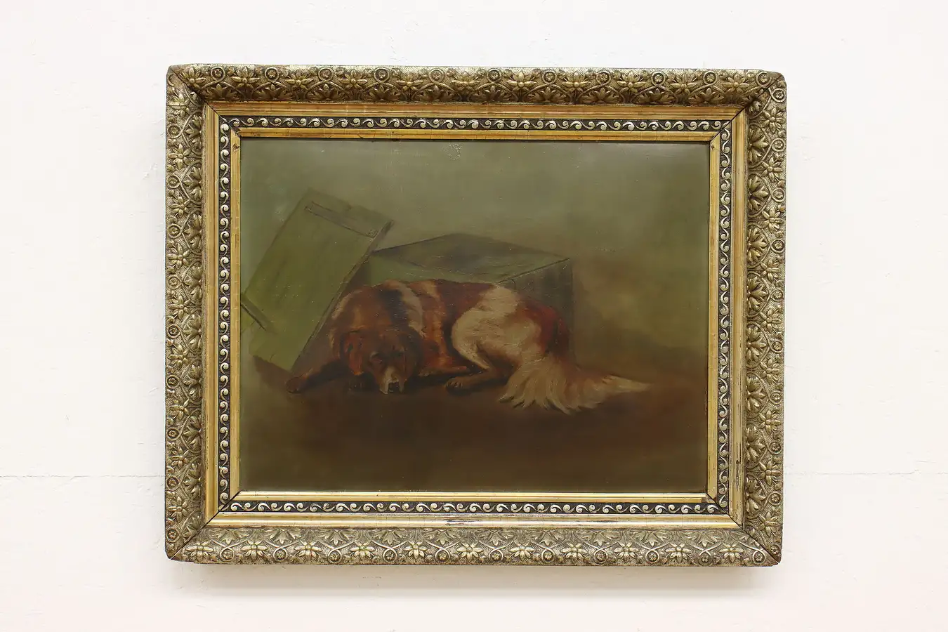 Main image of Victorian Stray Dog Portrait Antique Original Oil Painting 31.5"