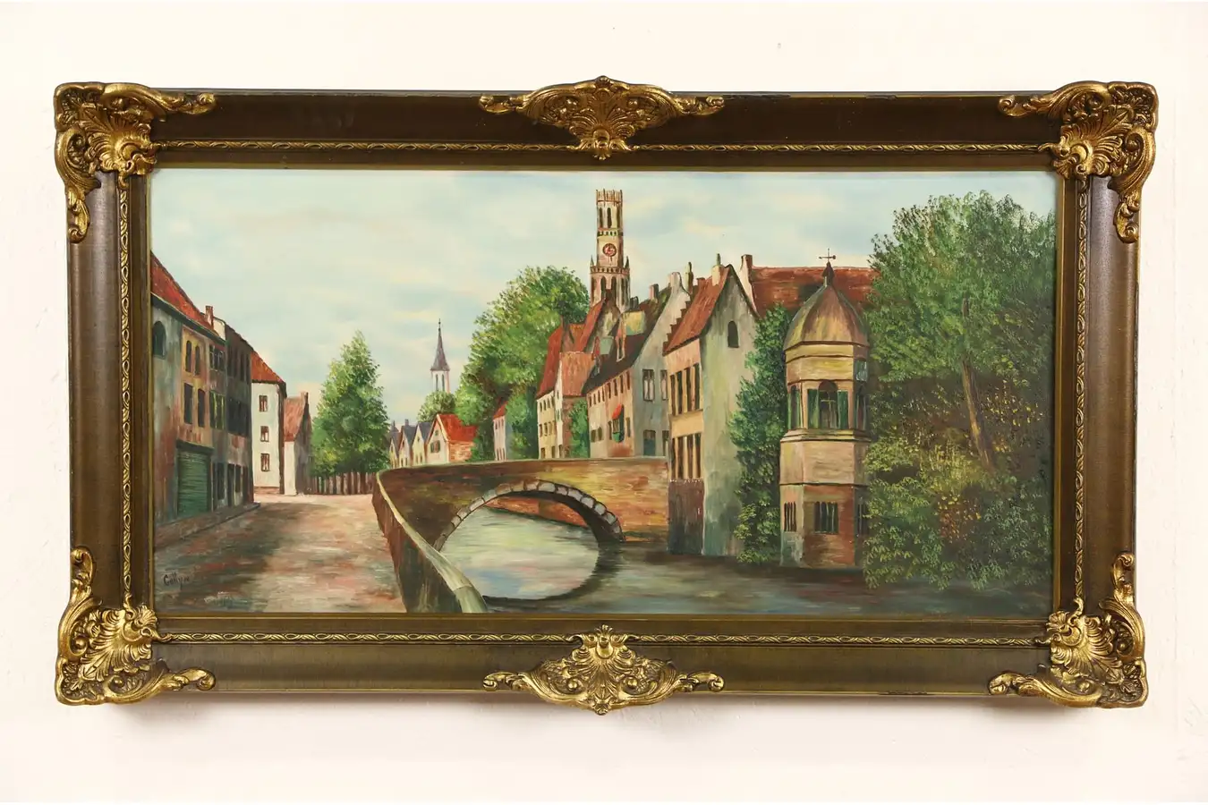 Main image of Bruges Belgium Canal Scene, 1920's Original Antique Oil Painting, Signed Gollyn