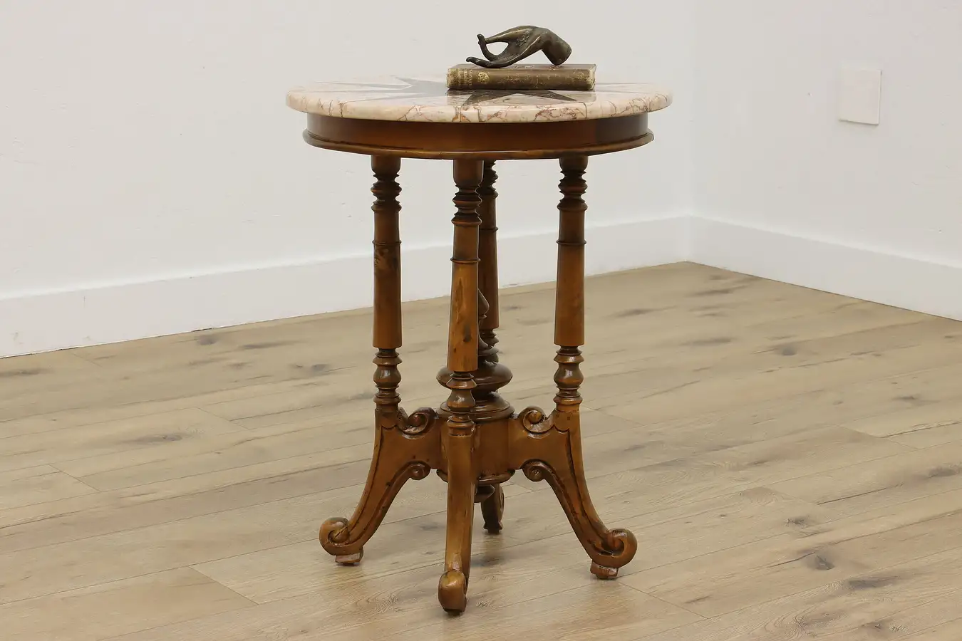 Main image of Victorian Vintage Mosaic Marble Top & Carved Teak End Table