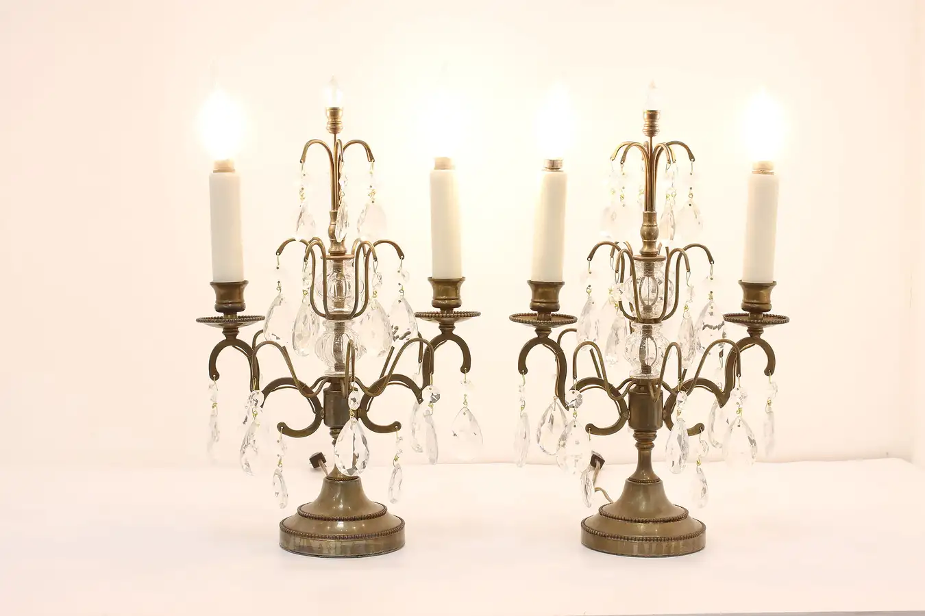 Main image of Pair of Traditional Brass & Crystal Prism Vintage Candelabra