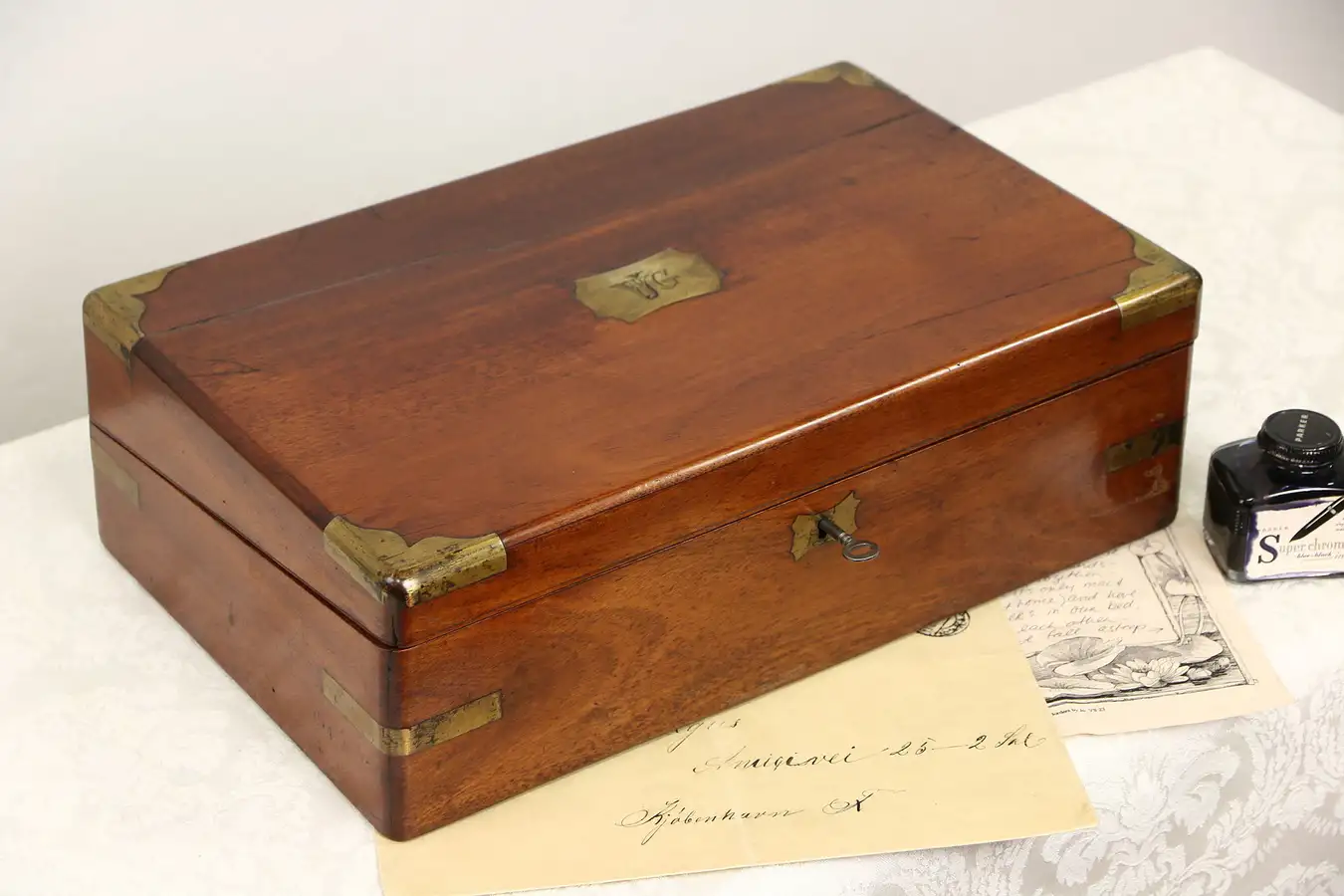 Main image of English Victorian 1890 Antique Portable Travel or Lap Desk, Brass Inlay, Leather