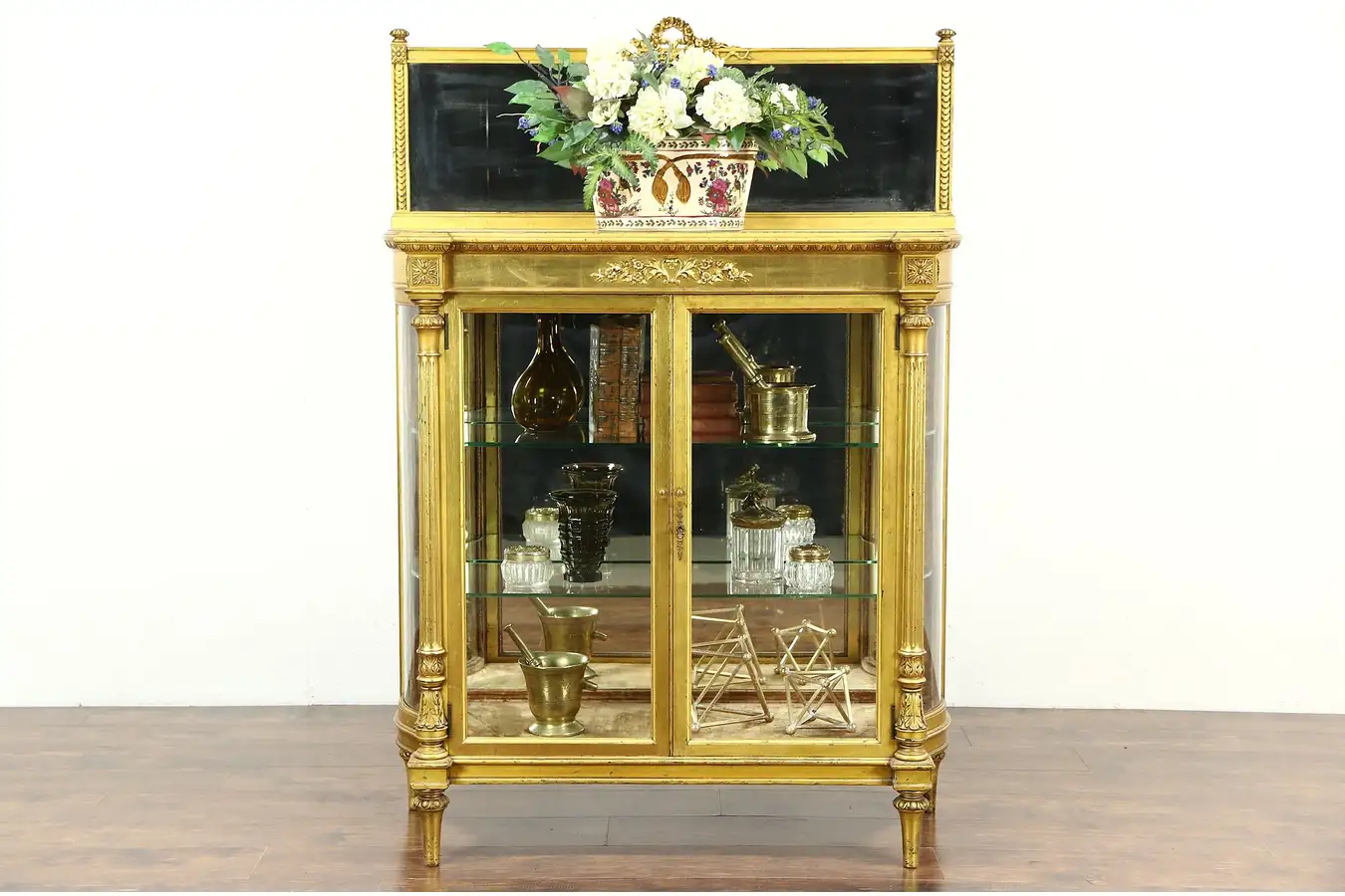 Main image of Gold Leaf 1880 Antique French Louis XIV Curved Glass Curio China Display Cabinet