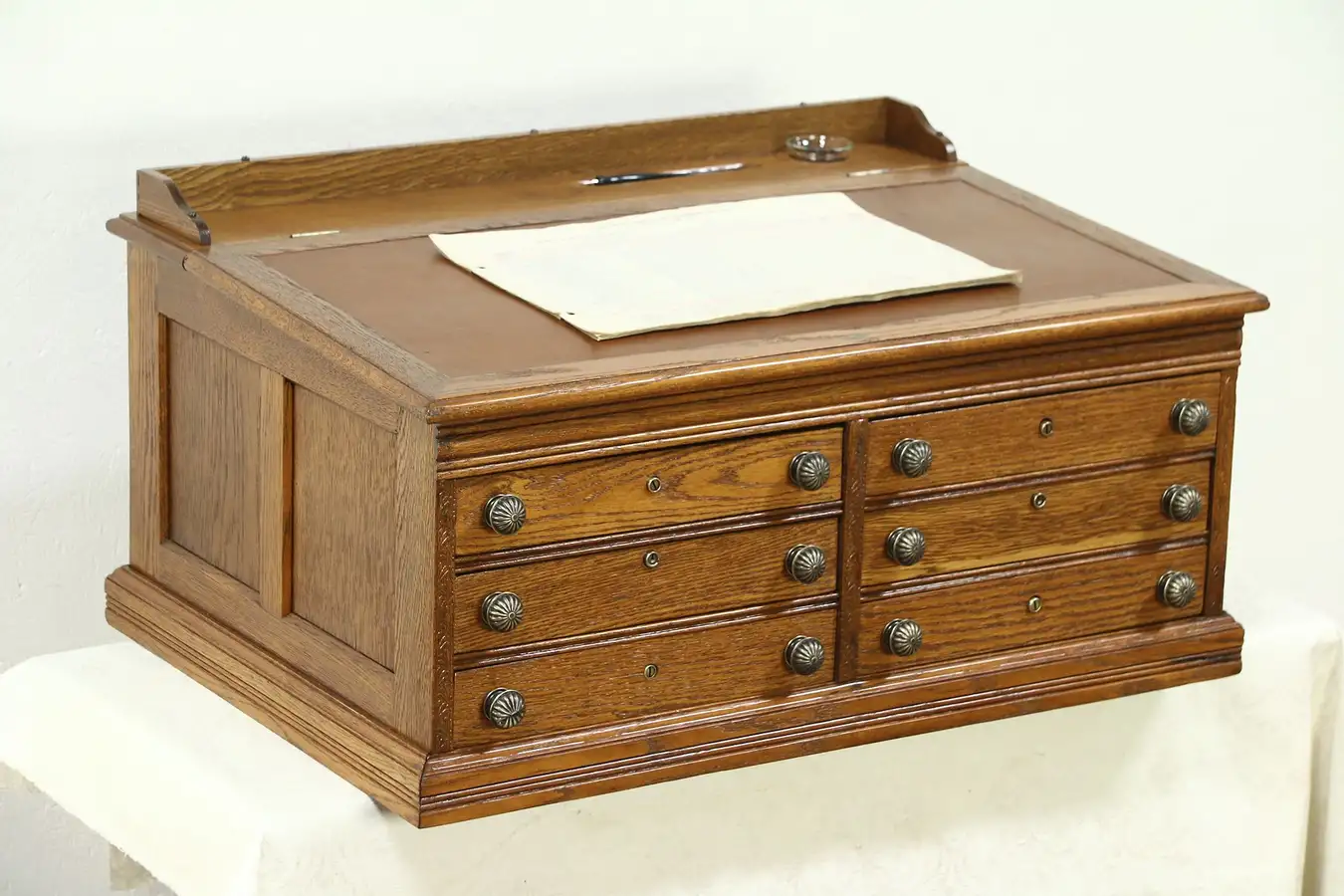 Main image of Oak Antique 6 Drawer Spool Cabinet, Collector or Jewelry Chest, Leather Top