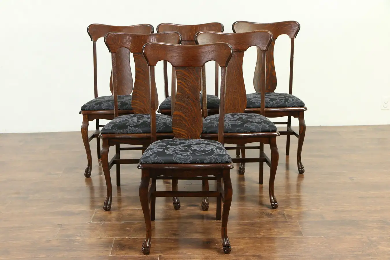 Main image of Set of 6 Antique Quarter Sawn Oak Dining Chairs, Paw Feet, New Upholstery